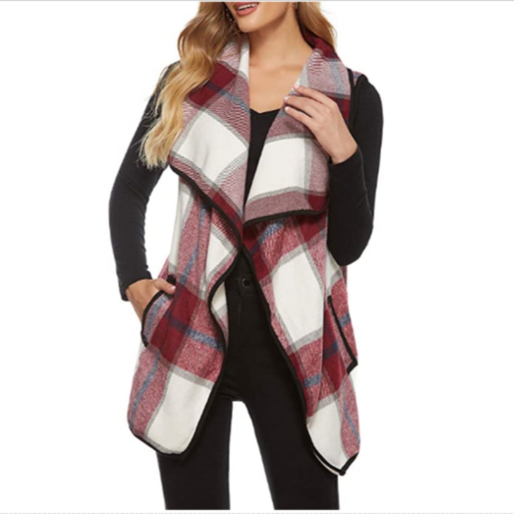 Women Vest Lapel Open Front Buffalo Plaid